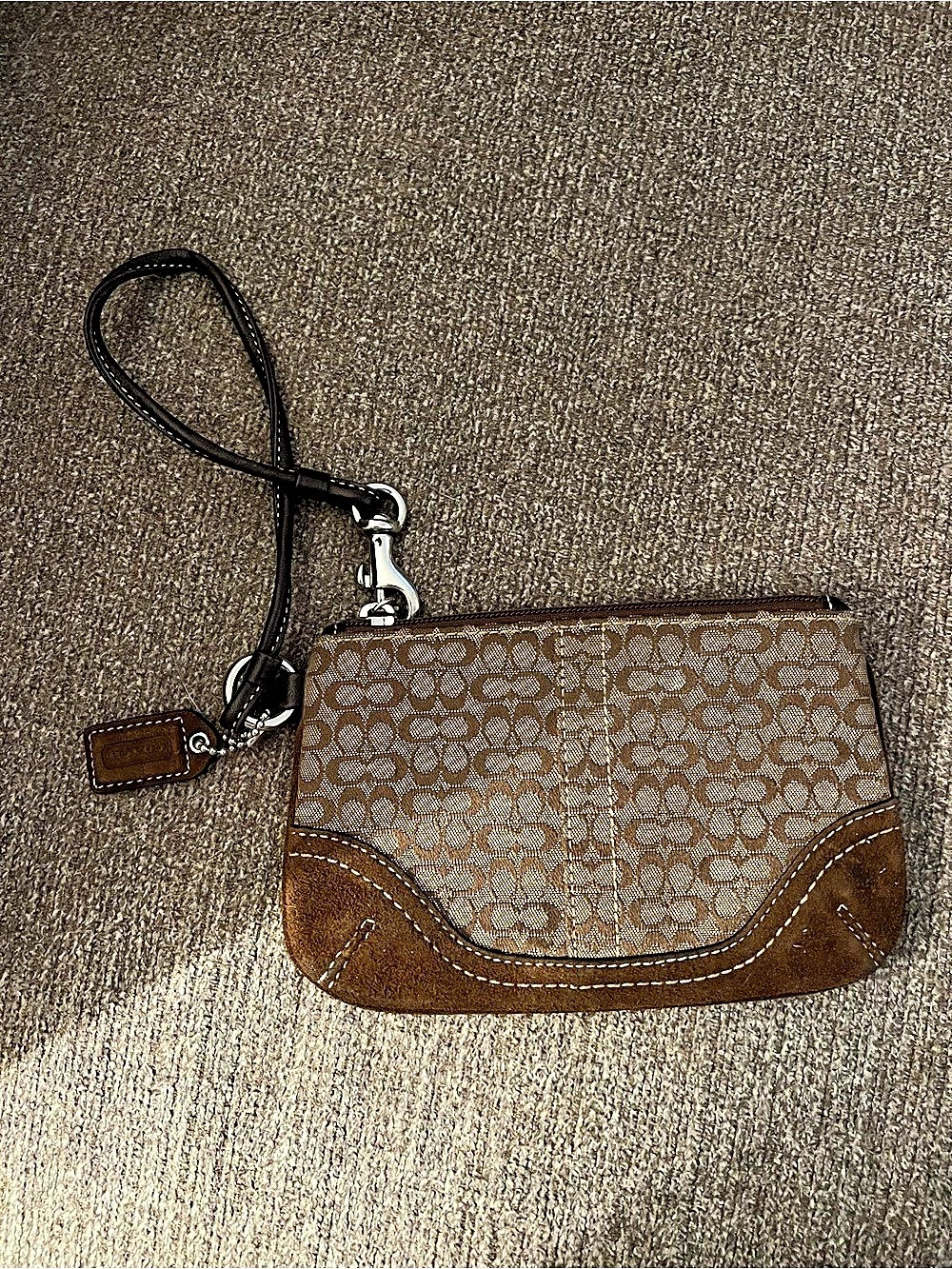 Coach Signature Jacquard and Suede Trim Corner Zip Wristlet Suede Trim Corner